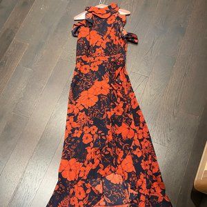 NAVY FLORAL PRINT FRILL DETAIL WRAP MAXI DRESS